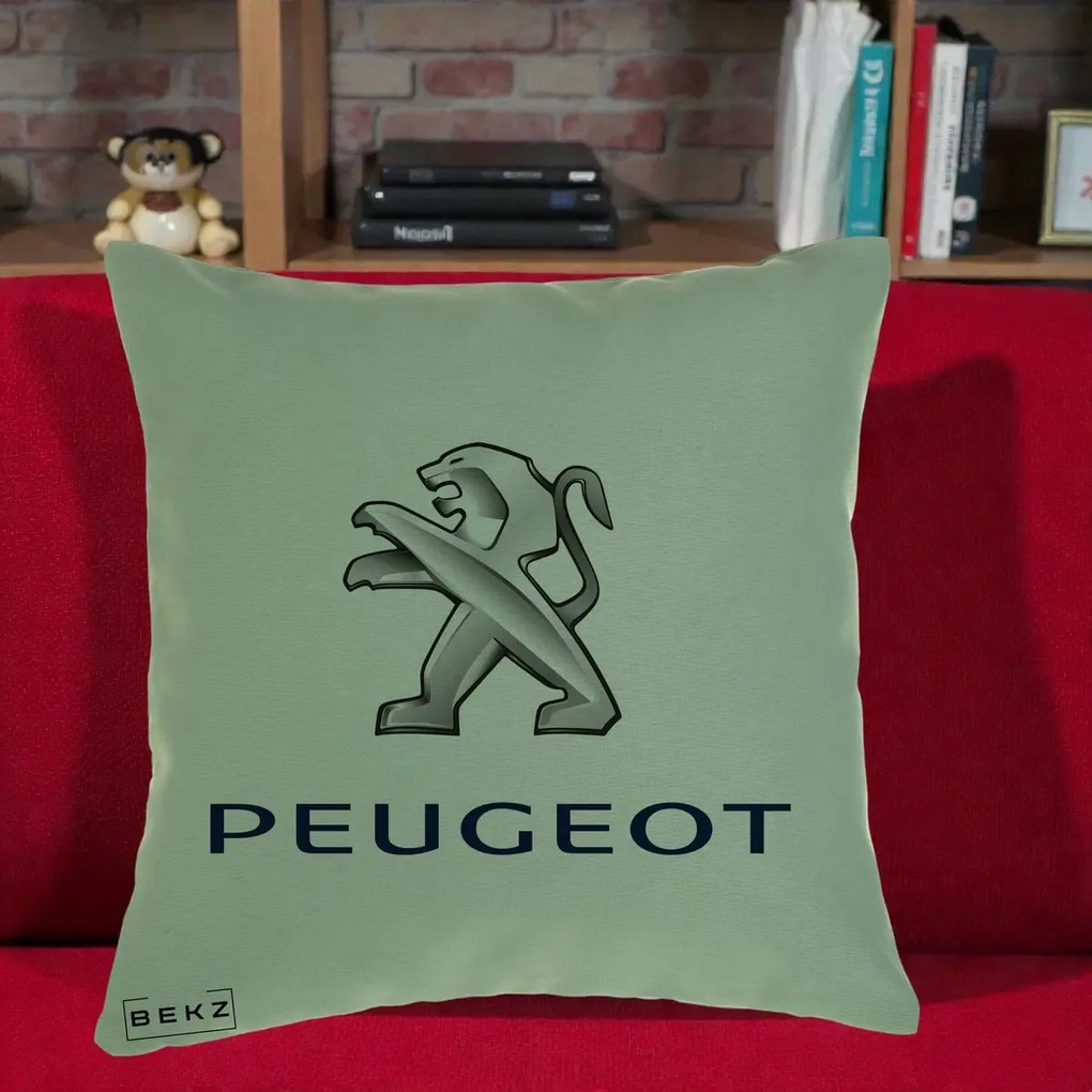 Perna Personalizata cu emblema Peugeot, 40x40 cm, Verde, Husa Detasabila, Perna Inclusa, BEKZ®