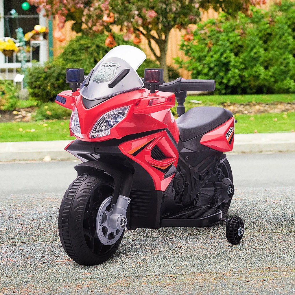 HOMCOM Motocicleta electrica pentru copii, cu sirena de politie si faruri, Viteza 3km/h si Baterie 6V Reincarcabila, 69x39x43cm, Rosu
