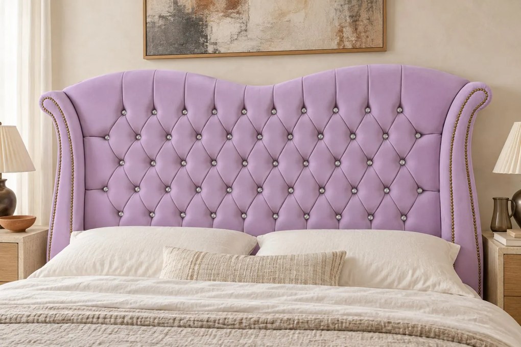 Pat tapițat Chesterfield Avella 180×200 cm, lila, cu ladă de depozitare