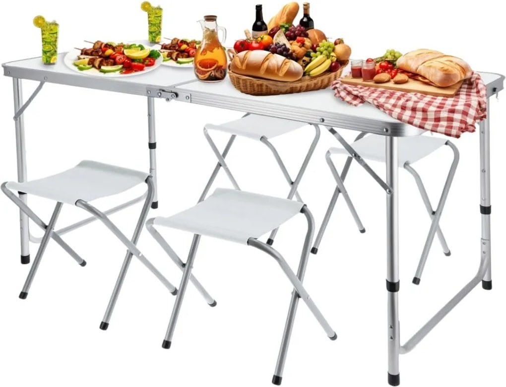 Set mobilier de camping pliabil, Jumi, alb, masă cu picioare reglabile și 4 tabureți