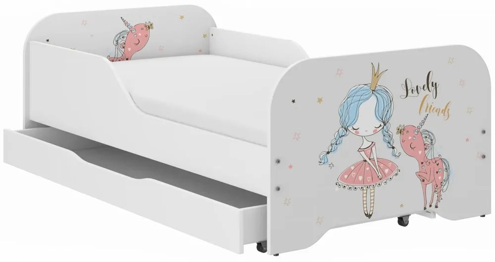 Pat pentru copii MIKI 160 x 80 cm cu motiv de prințesă și unicorn