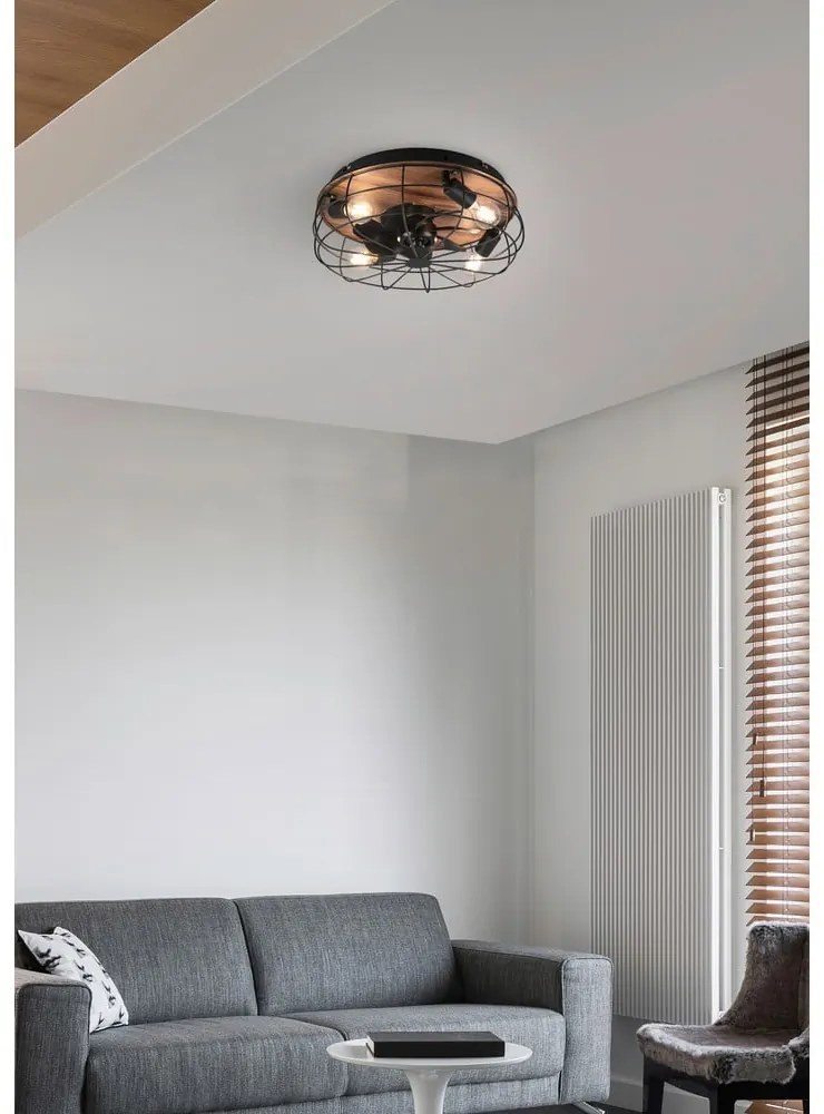 Plafonieră negru-mat/maro cu control prin telecomandă, cu ventilator Trondheim – Trio