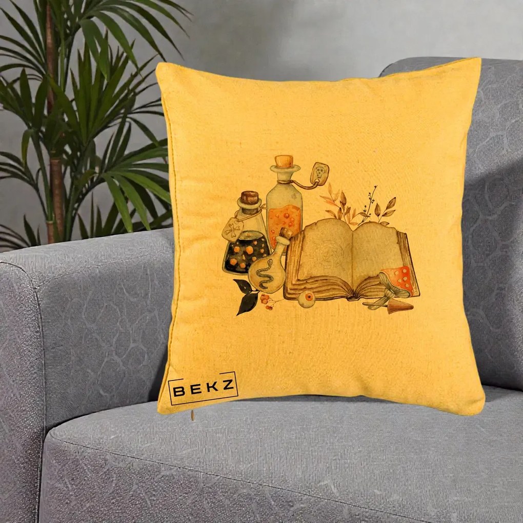 Perna Decorativa Grimoire Vrajitoare si Filtre Magice Halloween, 40x40 cm, Galben, Husa Detasabila, Perna Inclusa, BEKZ®