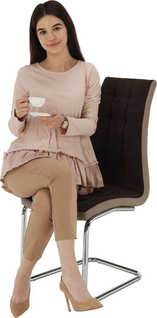 Scaun bucătărie, material textil maro/piele ecologică bej/crom, SALOMA NEW