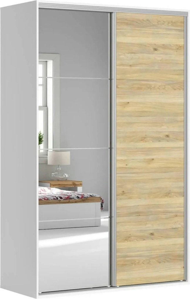 Dulap FLEX, alb/stejar, PAL, cu 2 usi si oglinda, 150x66x240 cm