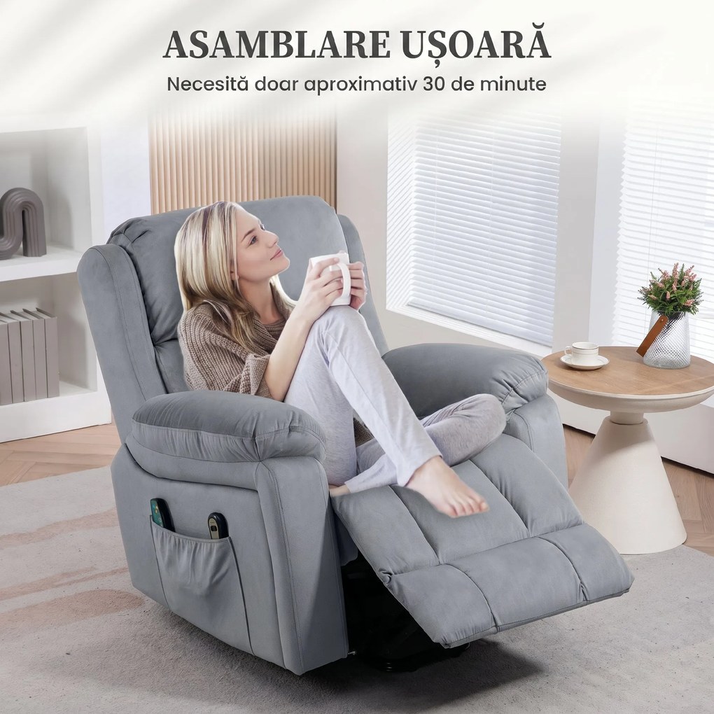 HOMCOM Scaun Electric cu Masaj prin Vibrații și Căldură, Scaun din Piele pentru Vârstnici cu Telecomandă și Buzunar Lateral, 90x95x103 cm, Gri