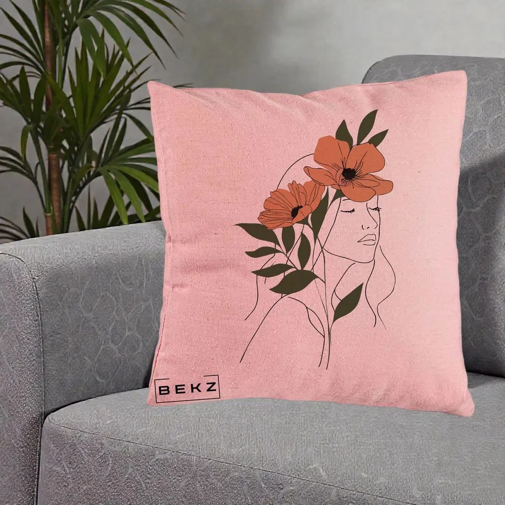 Perna Decorativa Portret Feminin Doua Maci Terracotta, 40x40 cm, Roz, Husa Detasabila, Perna Inclusa, BEKZ®