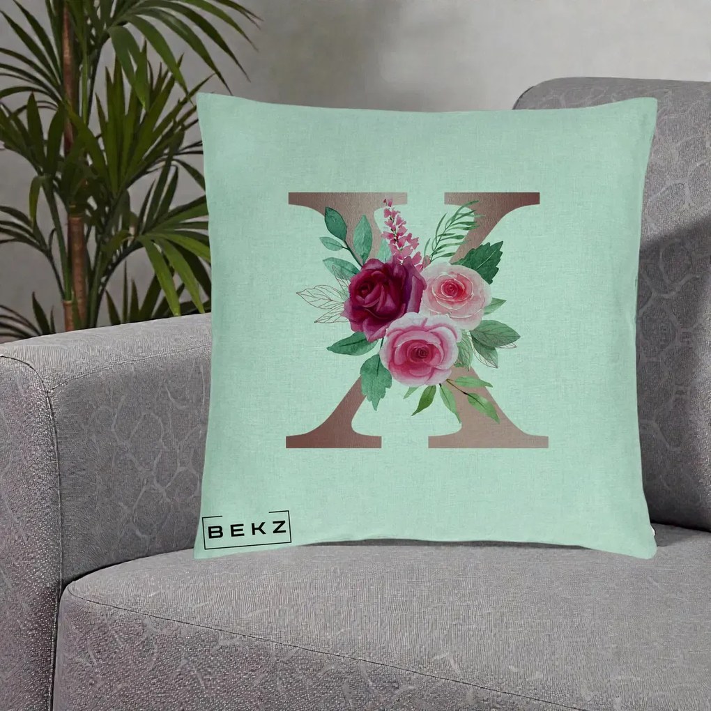 Cadou Personalizat - Perna Personalizata Monograma Rose Gold Litera X, 40x40 cm, Verde Menta, Husa Detasabila, Perna Inclusa, BEKZ®