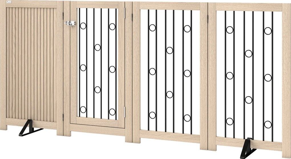 PawHut Poartă pentru animale independentă, poartă pentru câini cu ușă, 4 panouri, pentru hol, scară, tocul ușii, MDF, oțel | Aosom Romania