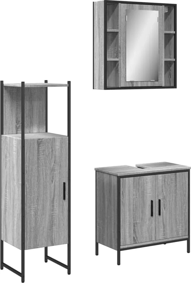 vidaXL Set dulapuri de baie, 3 piese, gri sonoma, lemn prelucrat