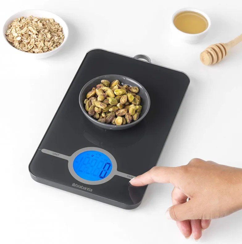 Cantar de bucatarie Brabantia Tasty+ 1001251, Pana la 5 kg, 3x baterii AAA, TARA, Ecran LCD, Gri inchis