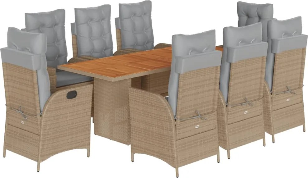 vidaXL Set de masă pentru grădină, 9 piese, cu perne, bej, poliratan