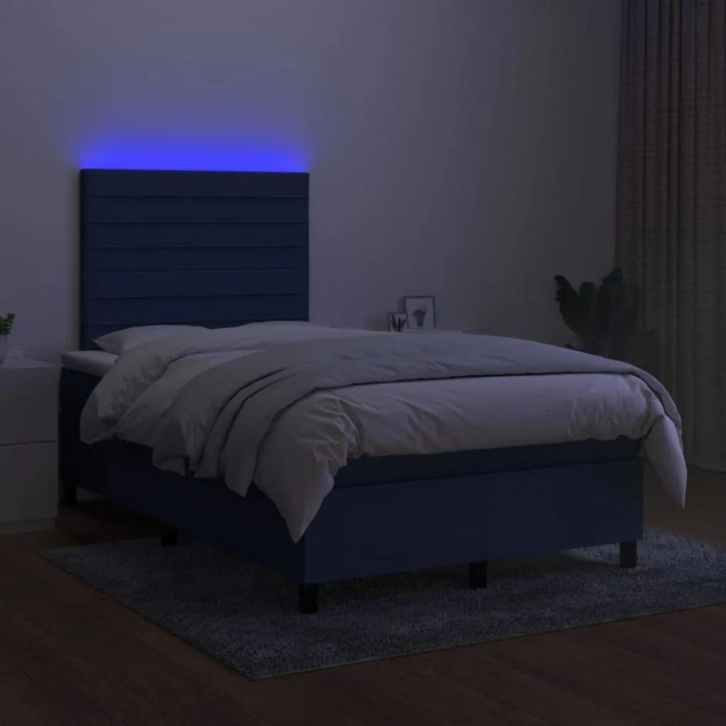Pat cu arcuri, saltea si LED, albastru, 120x200 cm, textil Albastru, 120 x 200 cm, Benzi orizontale