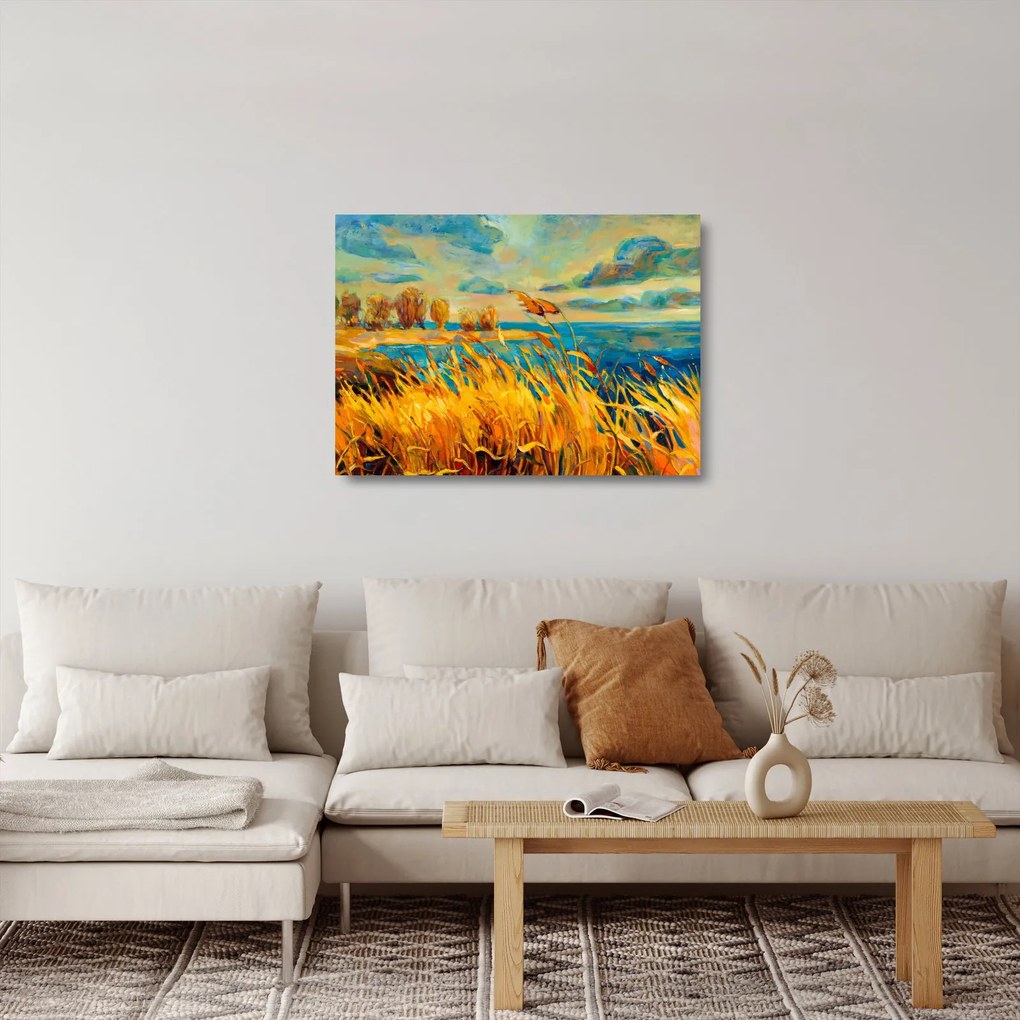 Tablou pe sticlă - Apus de soare peste lac, pictură acrilică (70x50 cm)