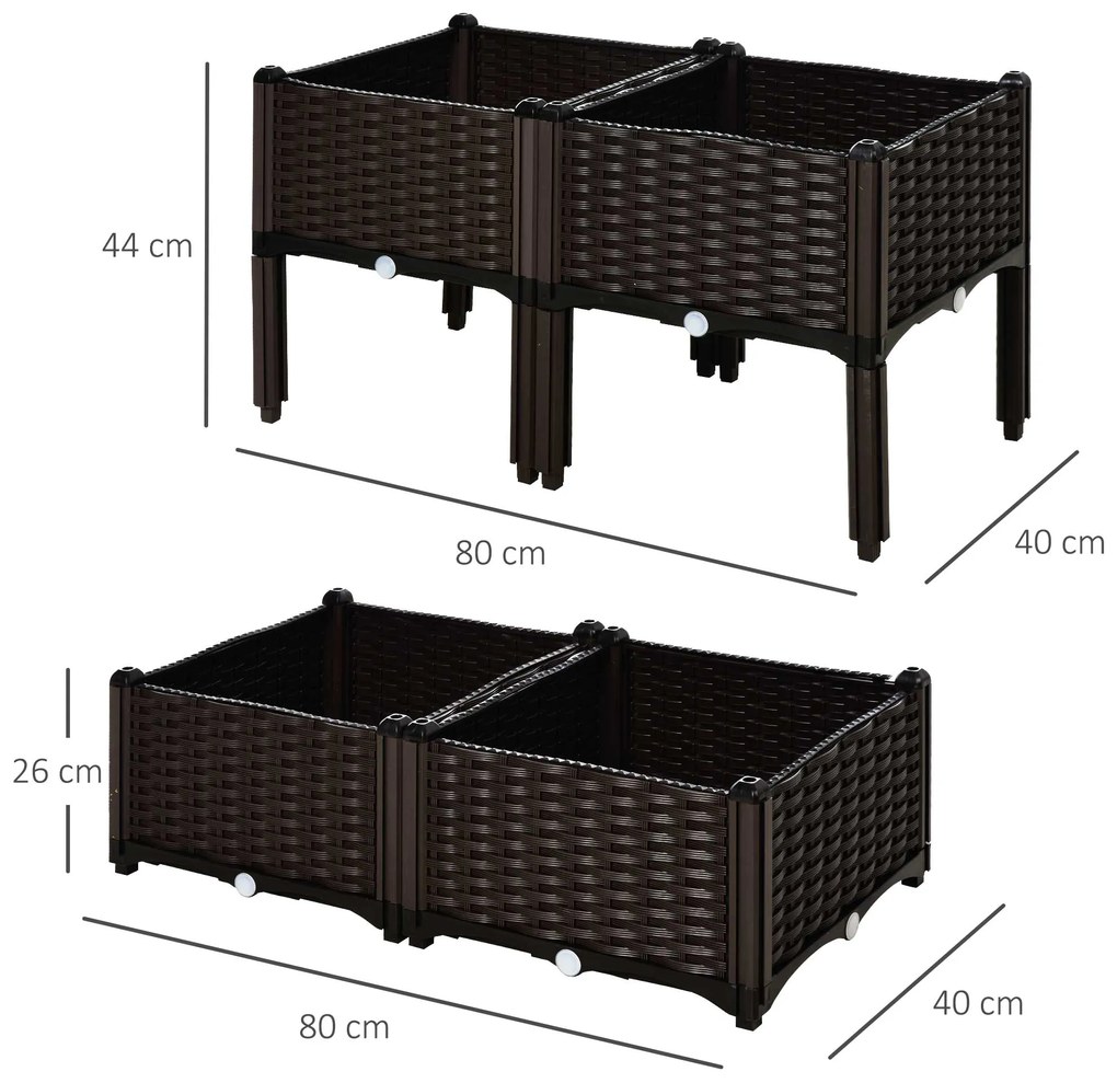 Outsunny Set 4 Ghivece Decorative din Rattan, Rezistente la UV și Apă, Polipropilenă, Maro, 40x40x44 cm | Aosom Romania