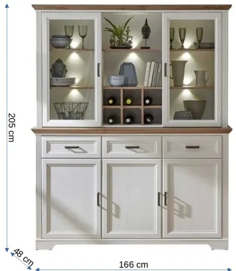 Bufet Jasmine, Cu Vitrina, Pin Alb & Pin Antic, 205 x 48 x 166 Cm
