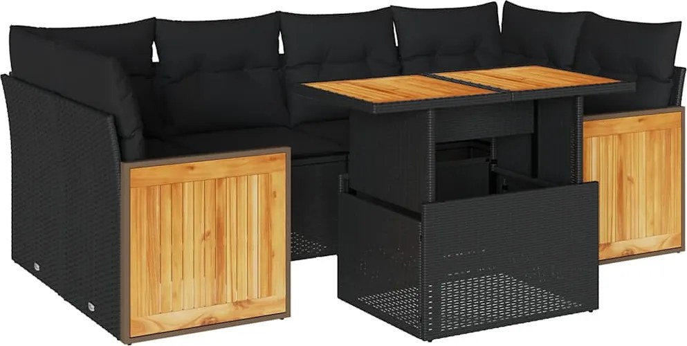 vidaXL Set canapele grădină perne 7 piese negru, poliratan/lemn acacia