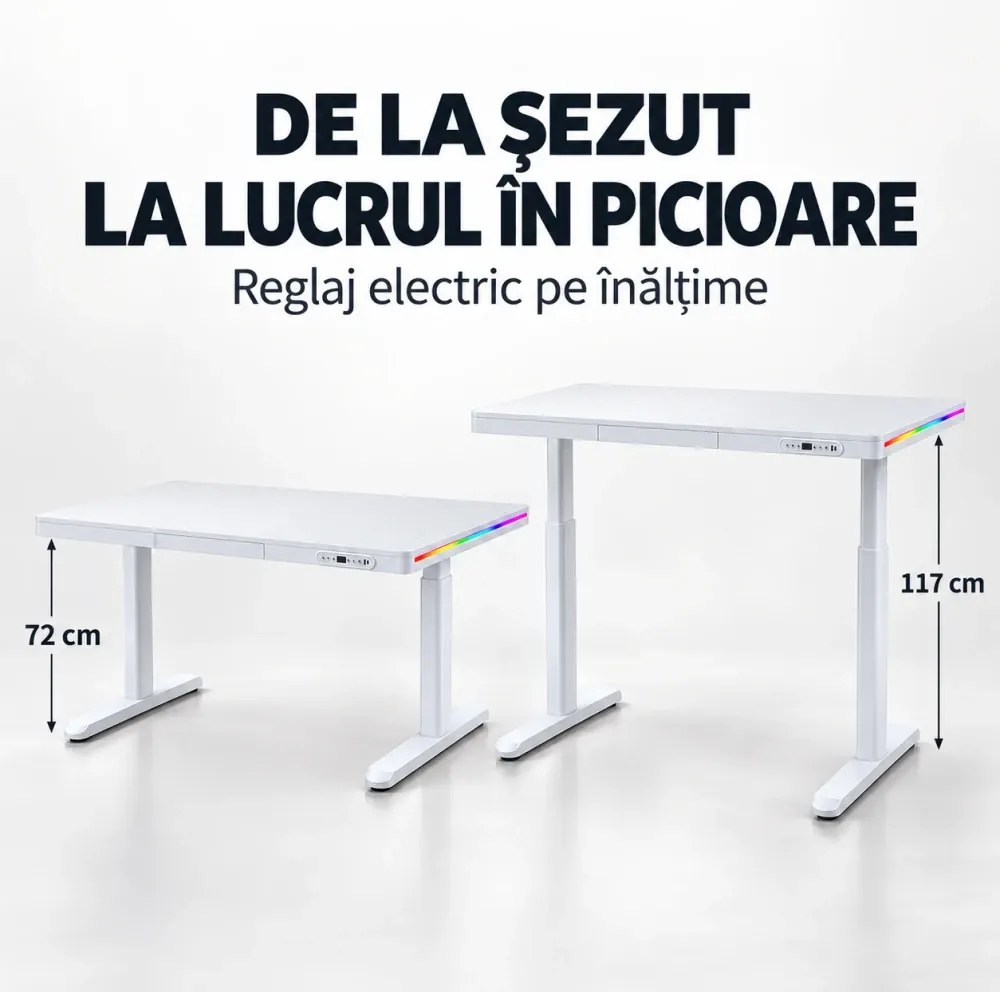 Birou Gaming Electric, Reglabil pe Înălțime 72–117 cm, 2 motoare, iluminare RGB cu telecomandă, încărcare wireless, memorie 2 poziții, sertar integrat, 140× 60 cm, Alb