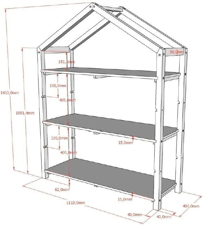 Bibliotecă în formă de Căsuță, Alb, MDF – Dallas – Vipack