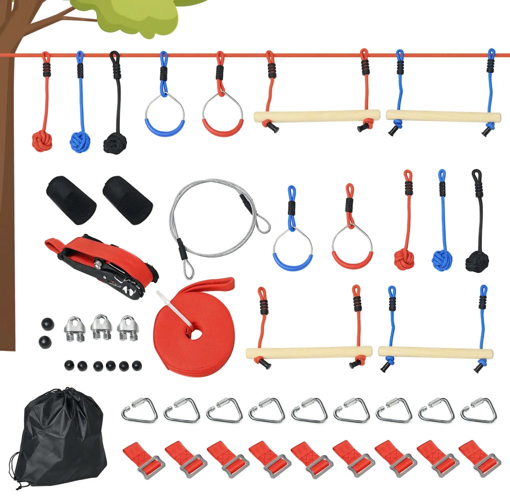 Outsunny Parcurs de obstacole ninja pentru copii, 30 accesorii și sac de transport, slackline 10 m, albastru/negru/roșu | Aosom Romania
