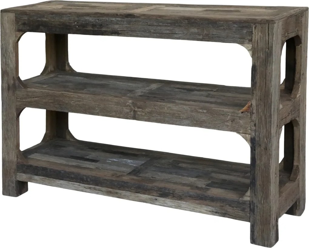 Etajeră din lemn reciclat, natur, cu 2 rafturi și laturi cu arcade, aspect rustic, 80 x 120 x 40 cm, „Grimaud”