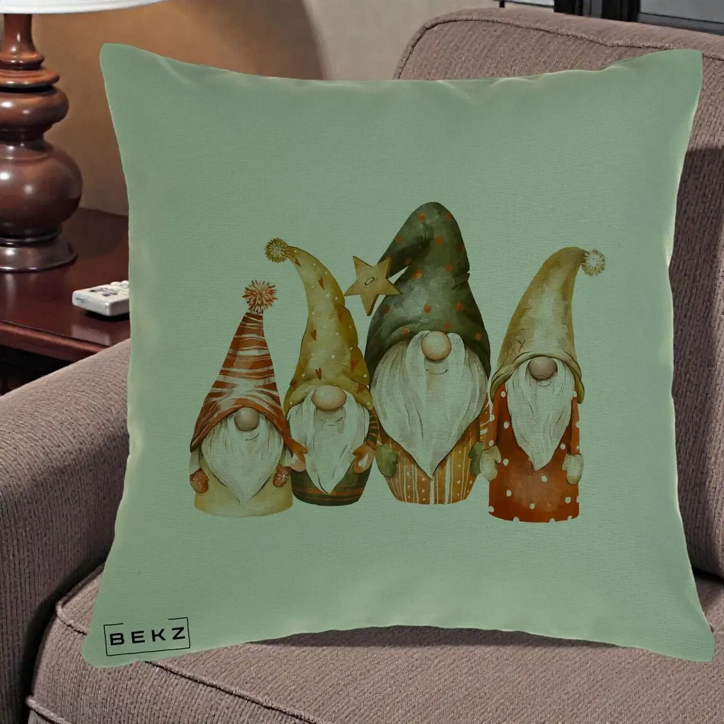 Perna Decorativa Gnomi de Craciun Patru, 40x40 cm, Verde, Husa Detasabila, Perna Inclusa, BEKZ®