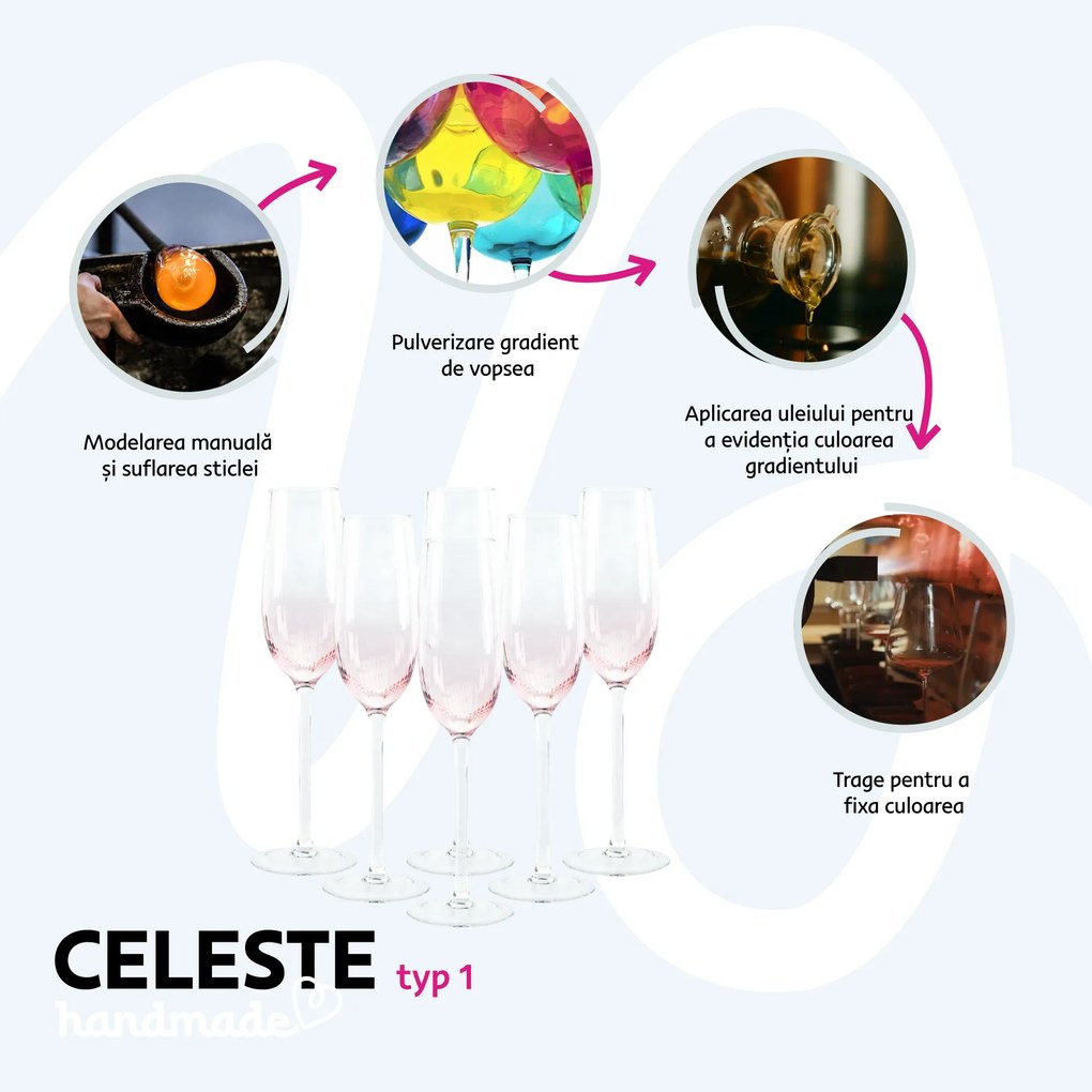 Pahare de şampanie, set de 6, 280 ml, roz, CELESTE TIP 1