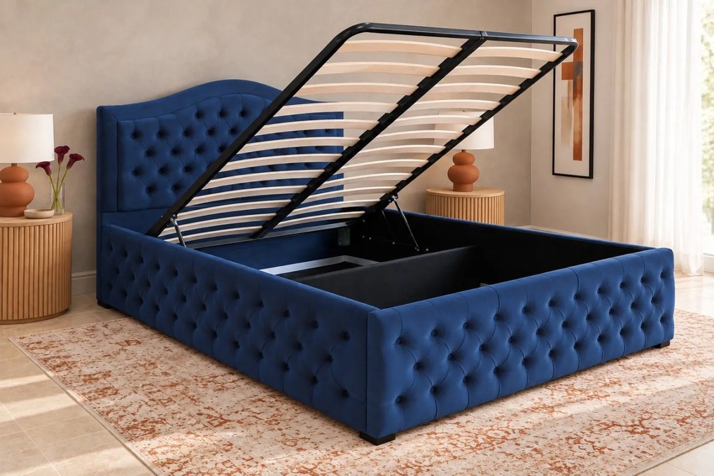 Pat tapițat Chesterfield din catifea Solaria Deluxe 140×200 cm, albastru, cu ladă de depozitare