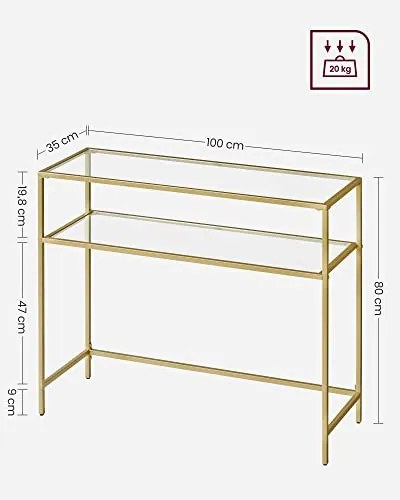 Consola Living / Hol cu Raft, Auriu, Metal / Sticla Temperata, Vasagle, LGT025A01