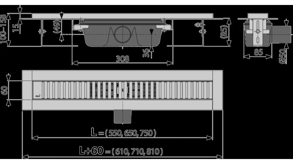 Rigola dus faiantabila iesire laterala si capac perforat crom 550 mm Alcadrain APZ1SMART-LINE-550 550 mm