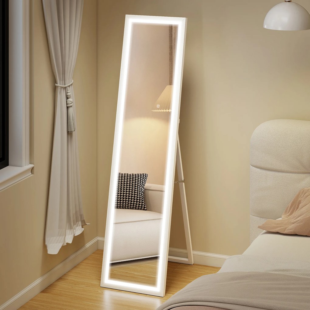 HOMCOM Oglindă Iluminată cu Lumini LED Reglabile și Buton Tactil, din Sticlă și MDF, 40x5x160 cm, Alb | Aosom Romania