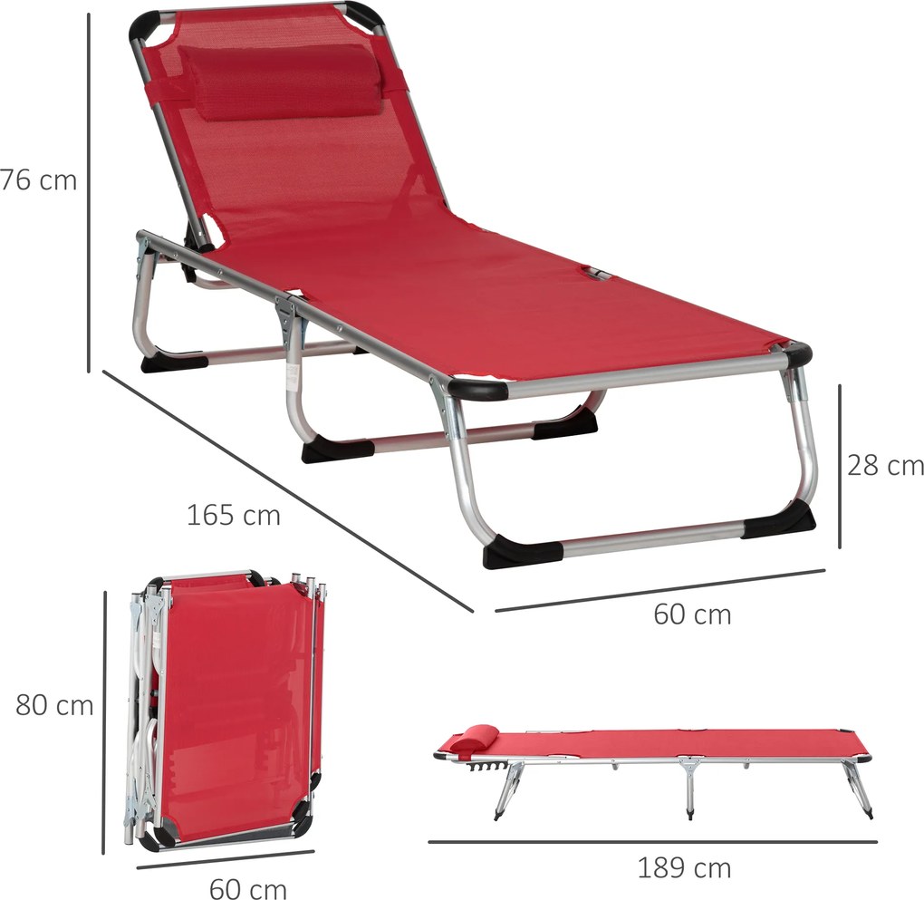 Outsunny șezlong pliabil de grădină cu pernă pentru cap, șezlong cu spătar reglabil în 4 trepte, pat de camping, suport până la 120 kg, pentru exterior/park/grădină, roșu | Aosom Romania