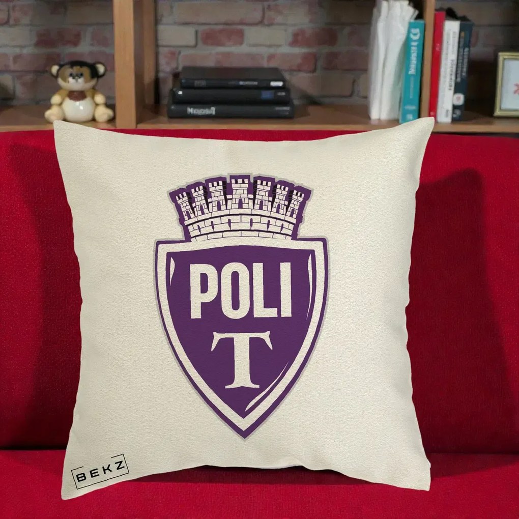 Perna Personalizata Poli Timisoara Fotbal, 40x40 cm, Ecru, Husa Detasabila, Perna Inclusa, BEKZ®
