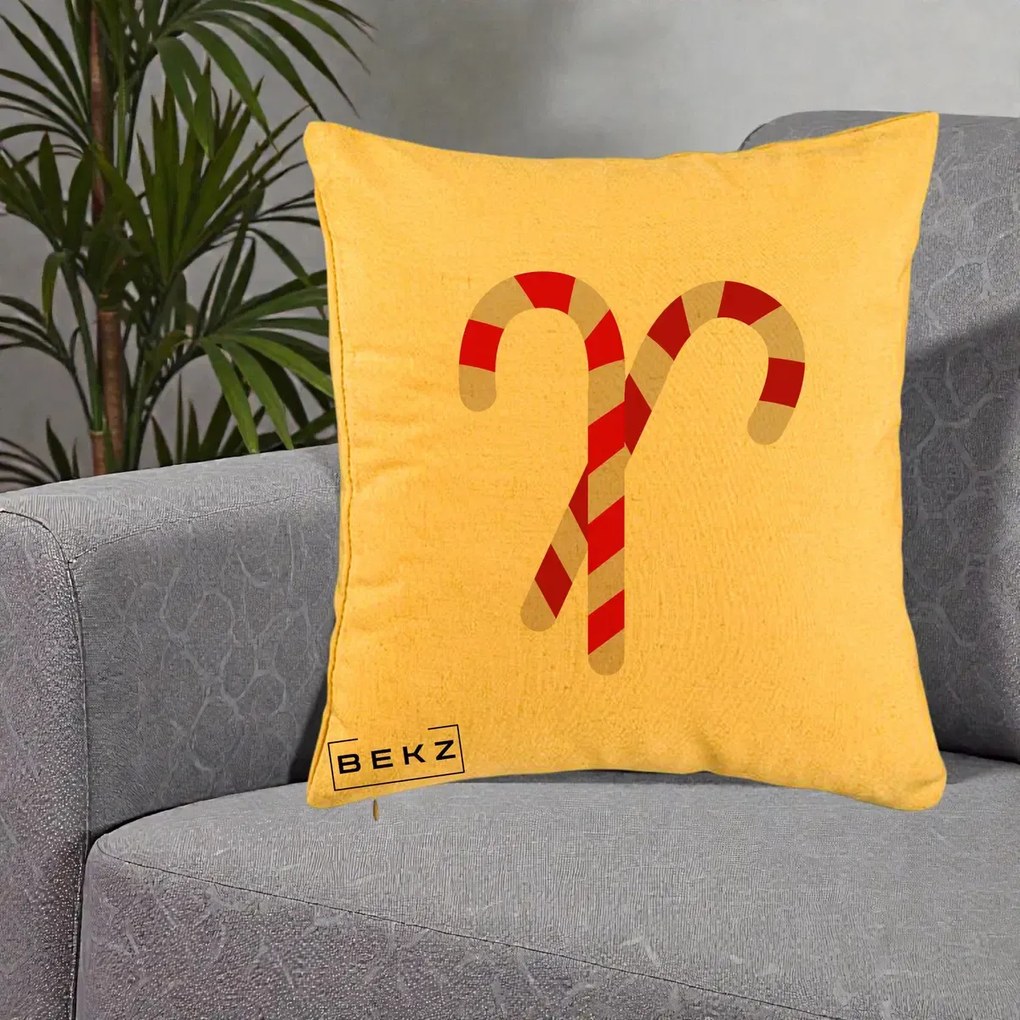 Perna Decorativa Candy Cane de Craciun, 40x40 cm, Galben, Husa Detasabila, Perna Inclusa, BEKZ®