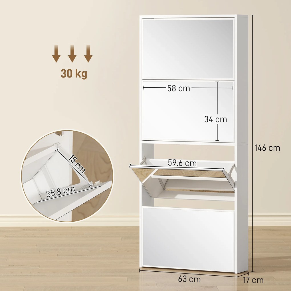 HOMCOM Dulap pentru Pantofi Economizor de Spațiu cu 4 Uși cu Oglindă 63x17x146 cm Alb | Aosom Romania