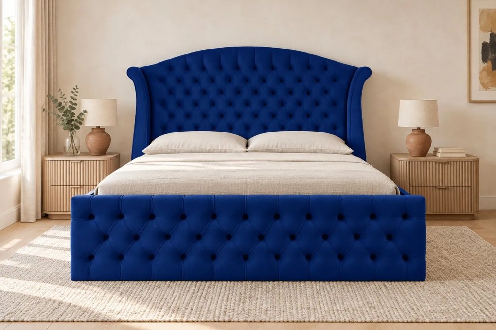 Pat tapițat Chesterfield din catifea Sorella Simple 180×200 cm, bleumarin, cu ladă de depozitare