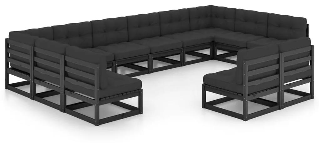 3077238 vidaXL Set mobilier grădină perne, 12 piese, negru, lemn masiv pin