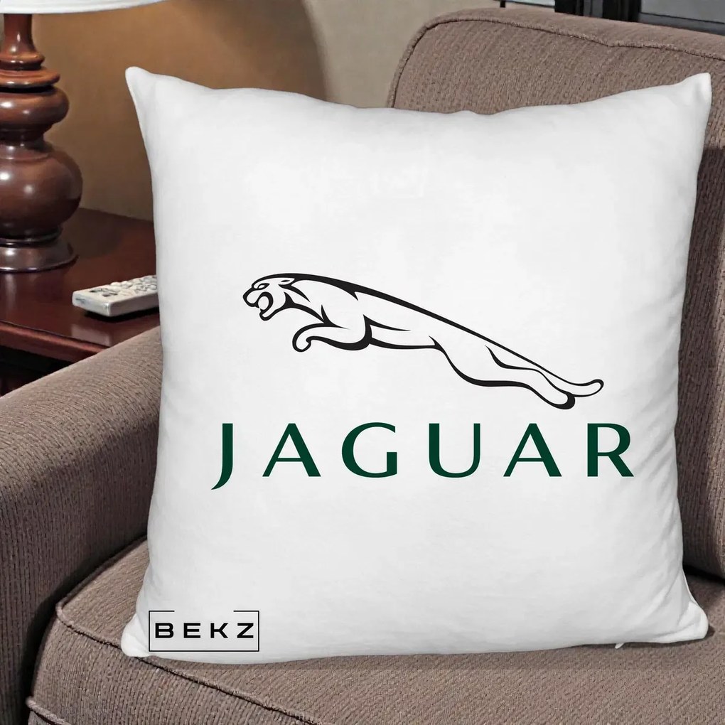 Perna Personalizata cu emblema Jaguar, 40x40 cm, Alb Pufos, Husa Detasabila, Perna Inclusa, BEKZ®