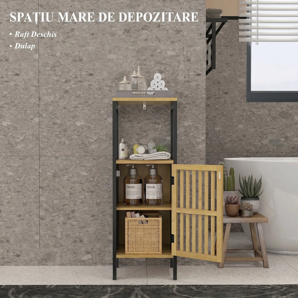 HOMCOM Dulap de Depozitare Îngust, Dulap de Baie Mic din Bambus cu Compartiment Deschis și Raft Reglabil, 32x30x90.5 cm, Negru | Aosom Romania