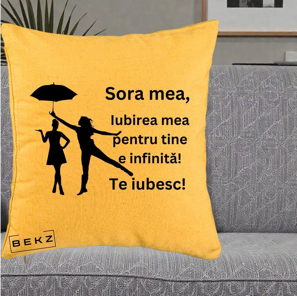 Cadou pentru Sora - Perna Personalizata Sora Mea Te Iubesc Siluete Negre cu Umbrela, 40x40 cm, Galben, Husa Detasabila, Perna Inclusa, BEKZ®