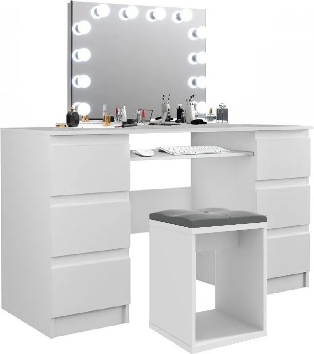 Masuta machiaj cu Oglinda LED si 6 Sertare pentru Cosmetice, Set Masa toaleta 130 cm, Alb, masuta cosmetica, vanity - SEA535