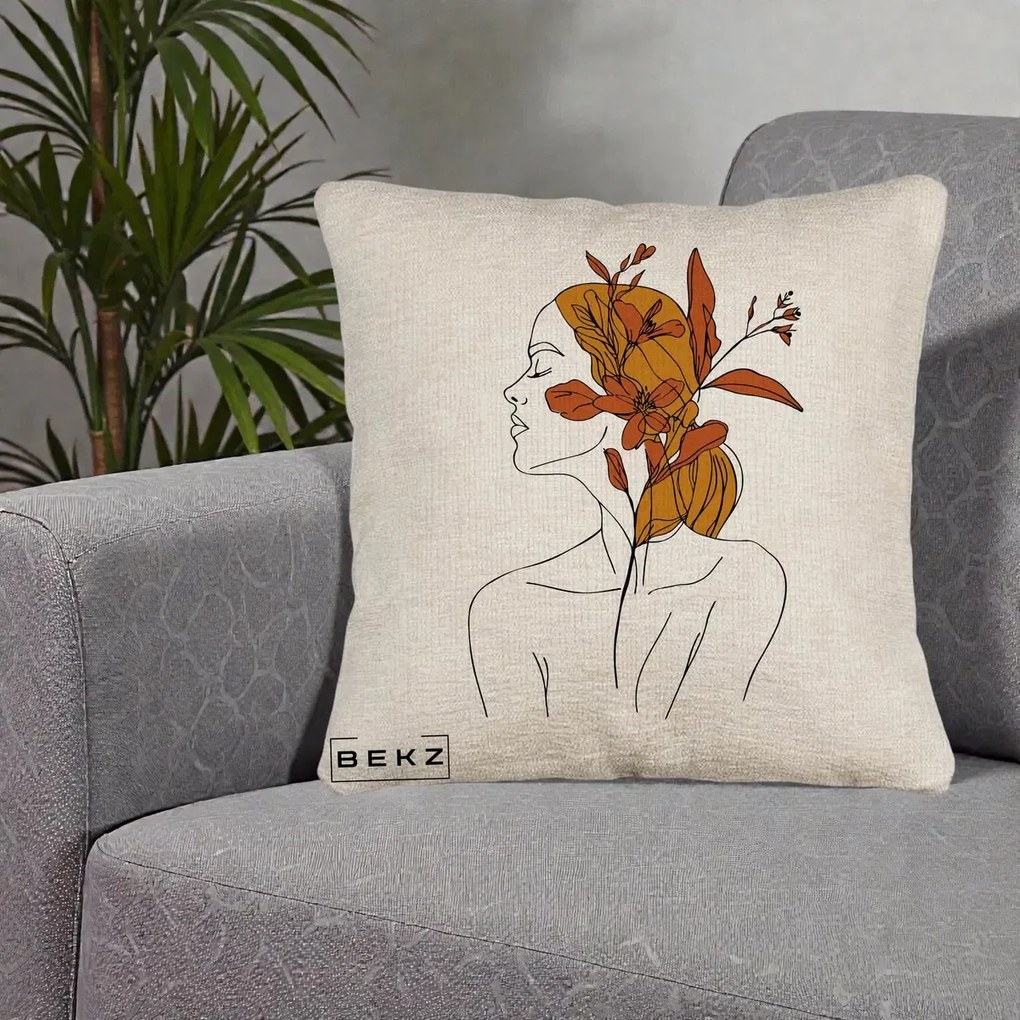 Perna Decorativa Portret Feminin Crin Ruginiu Auriu, 40x40 cm, Bej Canapea, Husa Detasabila, Perna Inclusa, BEKZ®