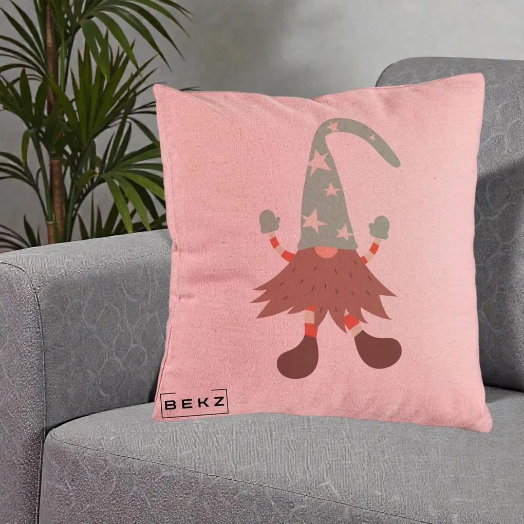 Perna Decorativa Pitic Gnom Nordic cu Cadou Menta, 40x40 cm, Roz, Husa Detasabila, Perna Inclusa, BEKZ®