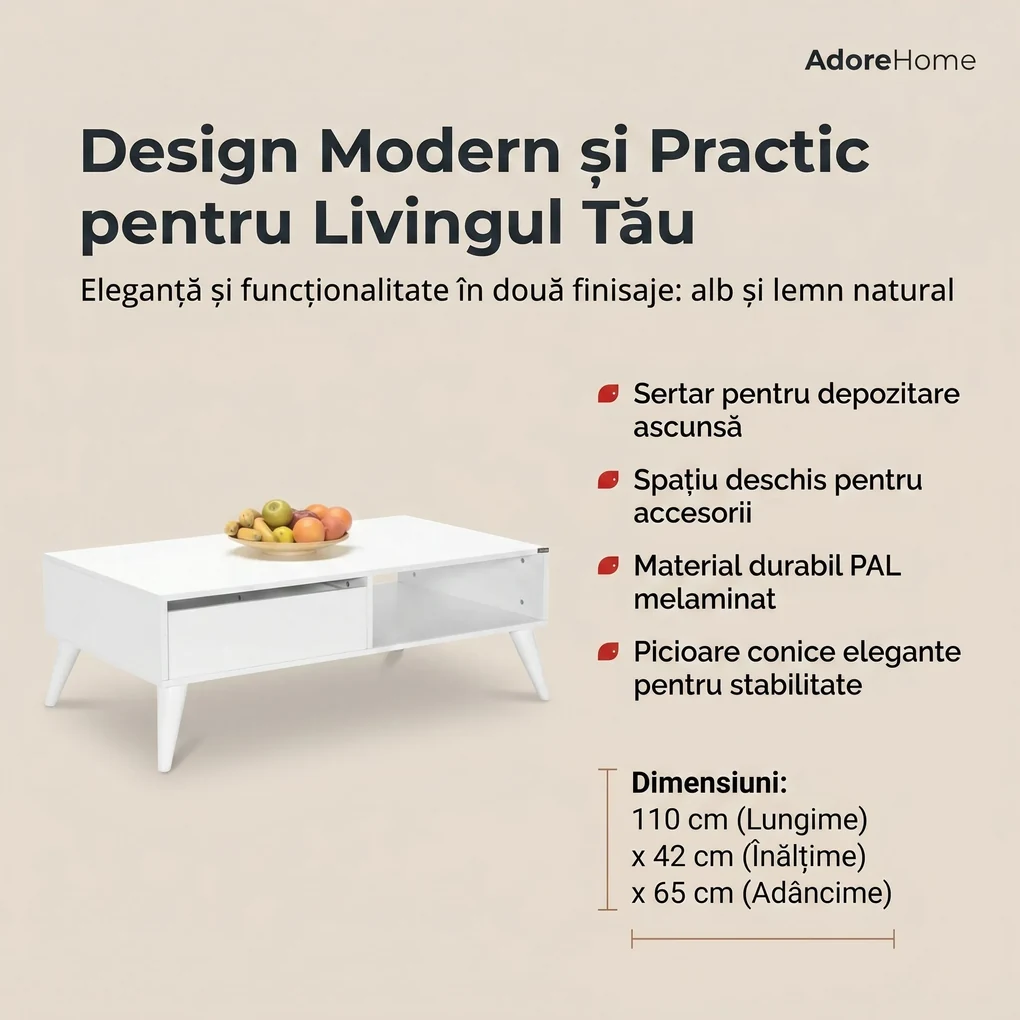 Masuta Cafea cu sertar Adore Living, Alb - Lemn Natural, 110 x 42