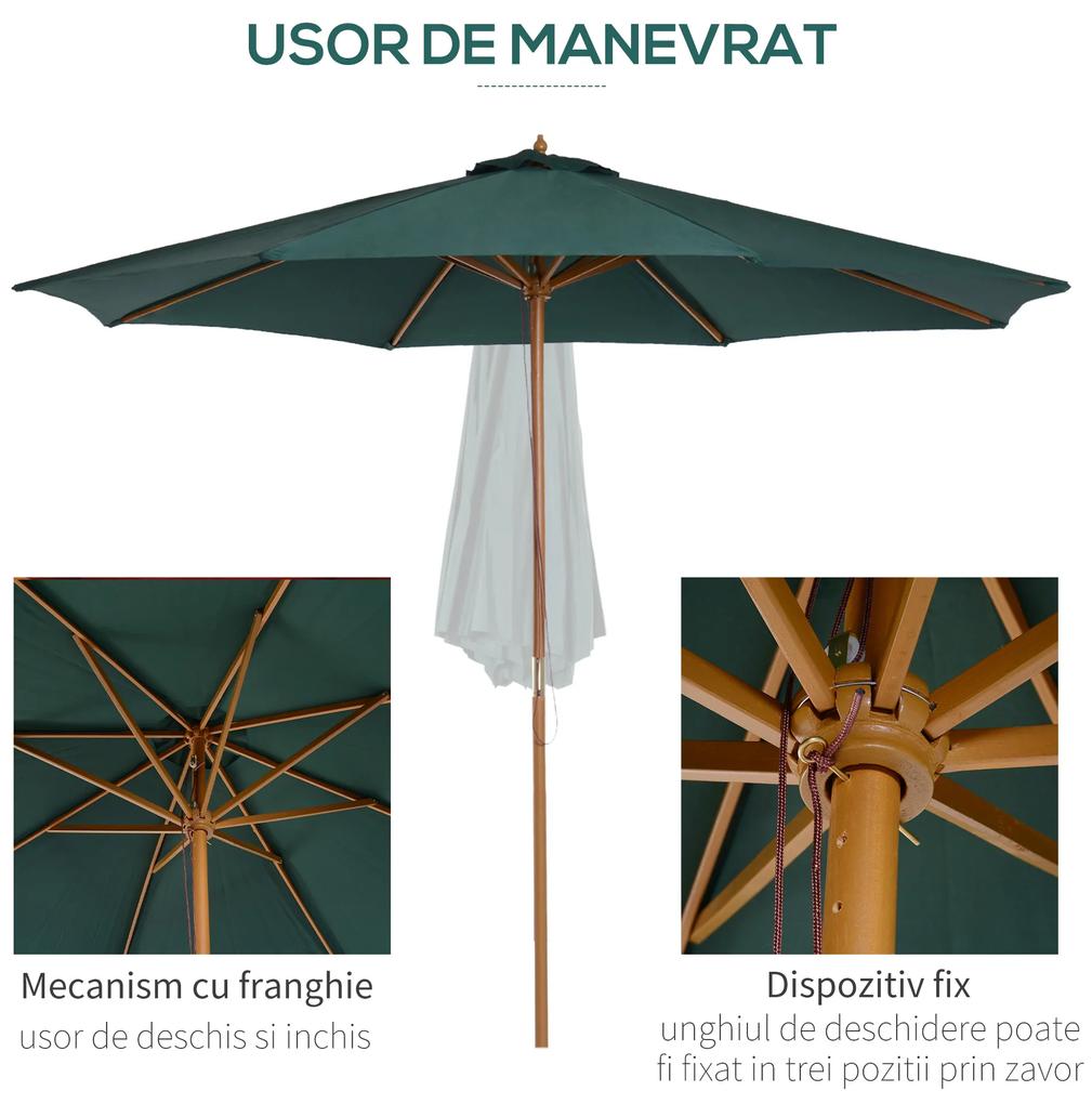 Outsunny Umbrelă de Grădină din Lemn pentru Balcon sau Terasă, Verde, φ3m, Rezistentă la Apă și UV | Aosom Romania