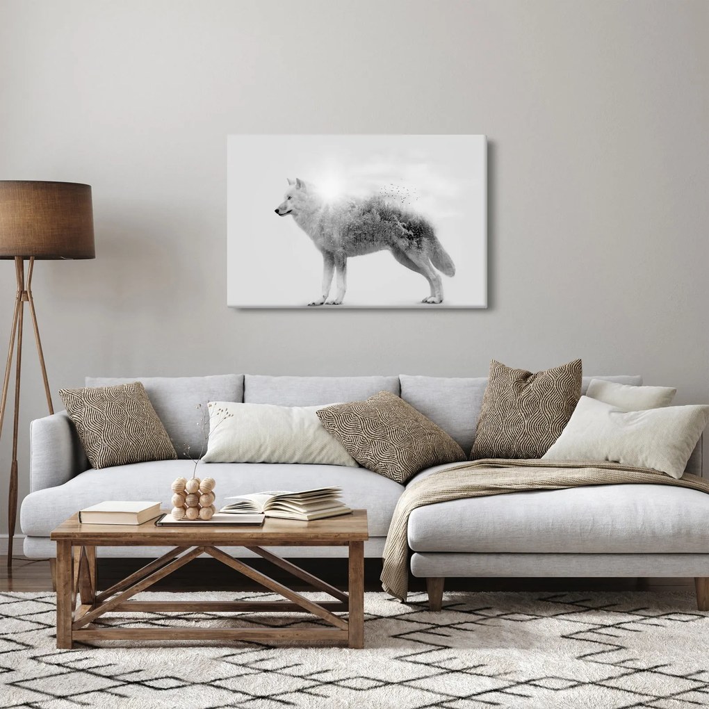 Tablou - Lupul arctic oglindit în peisajul sălbatic, alb-negru (90x60 cm)