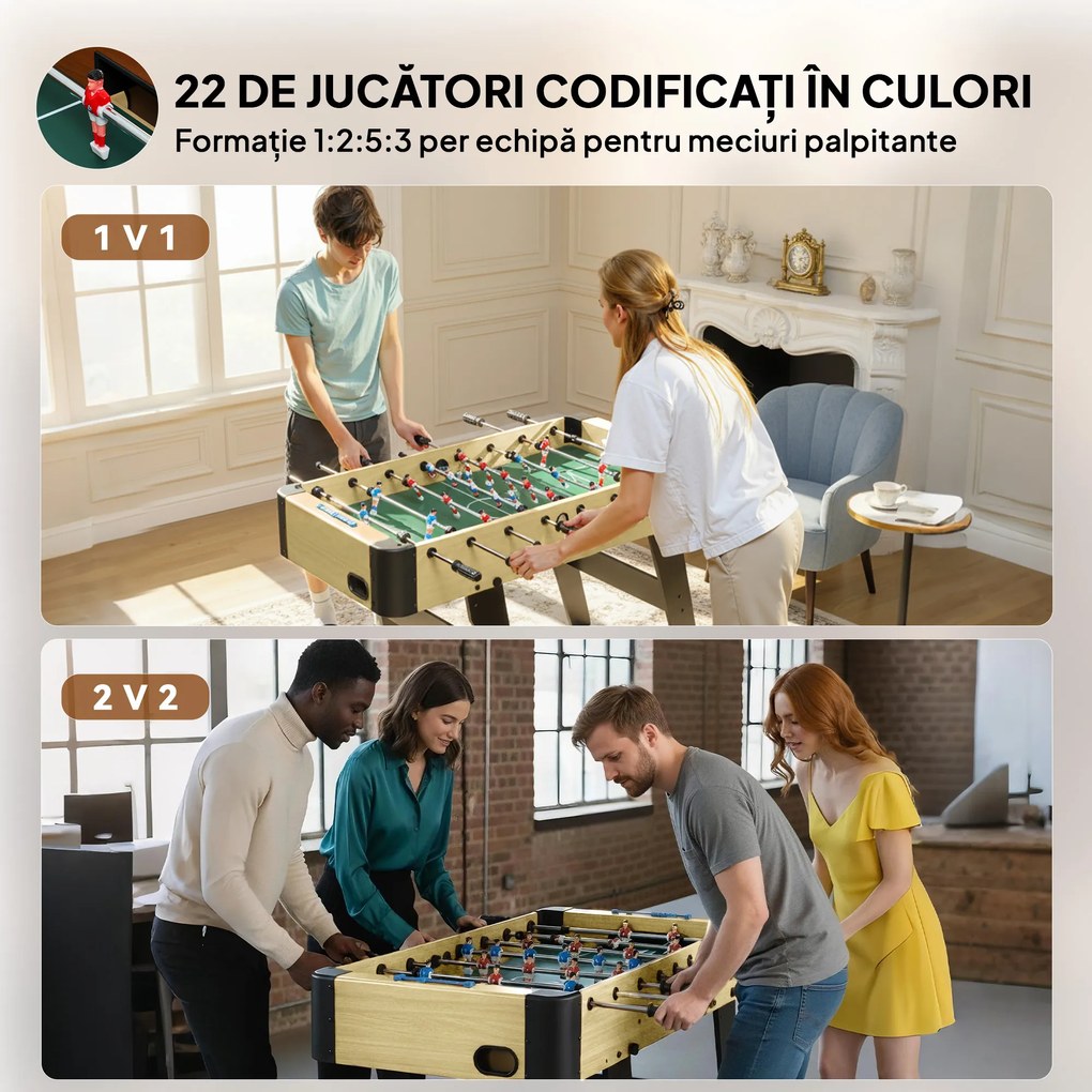 SPORTNOW Fotbal de Masă Rabatabil, Biliard de Masă pentru Acasă cu Mânere Antiderapante, 8 Bare, 22 Jucători, 2 Mingi, Tabele de Scor, pentru Copii și Adulți, Școală, Birou, Petreceri, 118x107.5x78 cm, Culoare Lemn | Aosom Romania