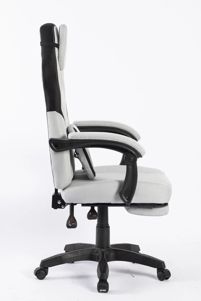 Scaun gaming, suport lombar cu masaj, rabatabil 90°-135°, suport picioare, material textil respirabil, Gri deschis