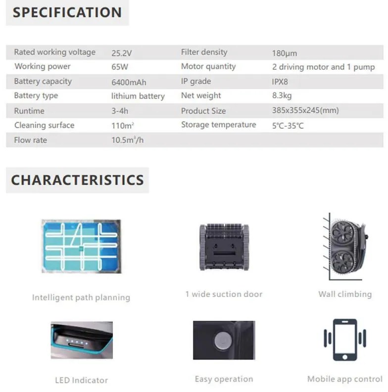 Robot curatare piscine fara fir Wybot S1, 80W, Li-Ion 6400 mAh, Pana la 120 m², 6 moduri, SMART, Autonomie pana la 200 min, Auto-parcare, Auto-revers, IPX8, Negru
