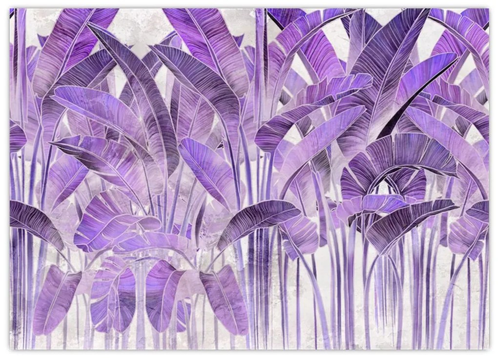 Tablou pe sticlă - Frunze violet în tencuială (70x50 cm)